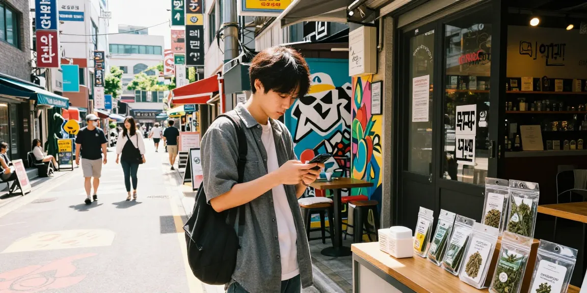 Youthful shopper exploring weed korea lifestyle amidst vibrant Seoul street art
