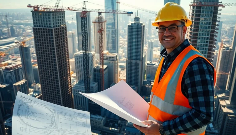 New York City Construction Manager overseeing a busy construction site with blueprints.