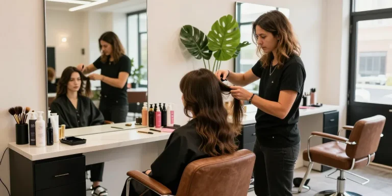 Client transforming her hair style trend in a modern salon with vibrant energy.