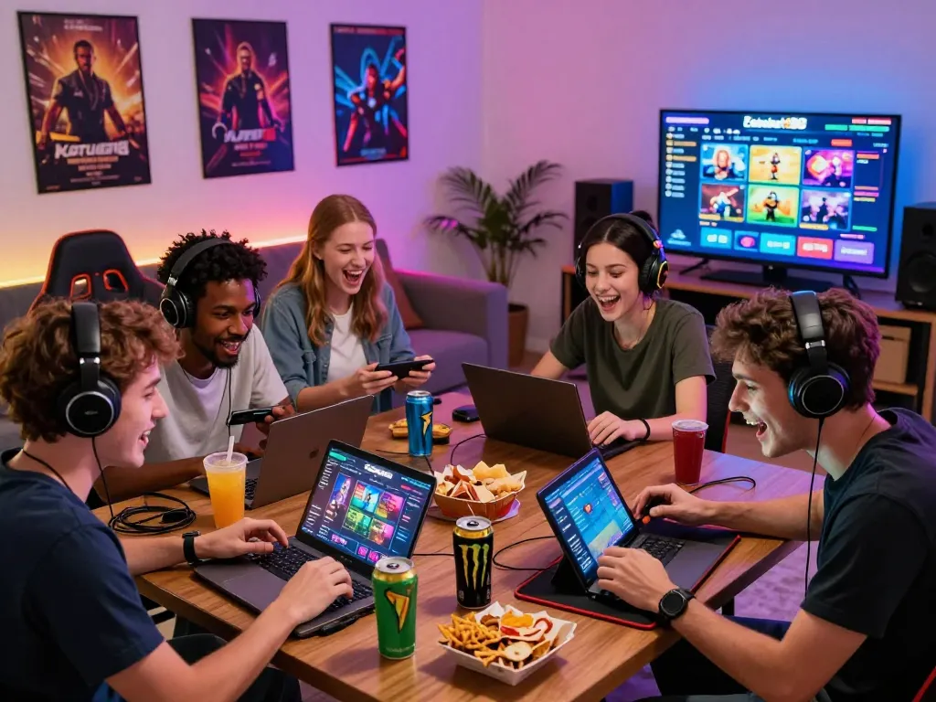 Kartubet88 gaming session with friends enjoying diverse games in a vibrant living room