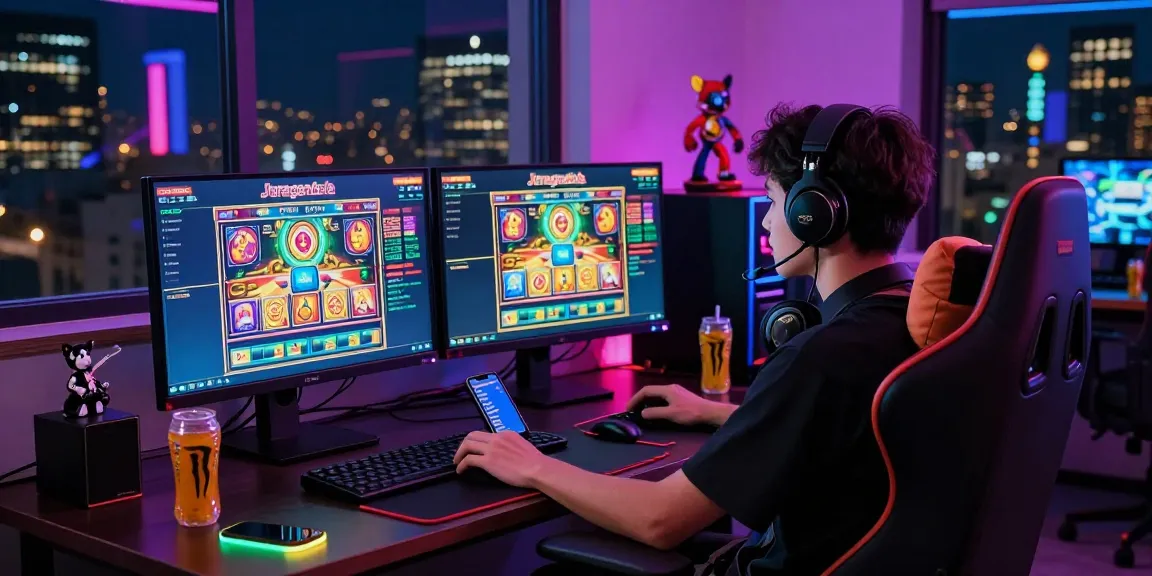 Engaging online gaming scene with Juraganbola slot play, featuring dual monitors and vibrant LED lights.