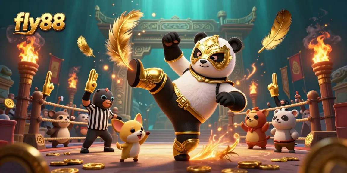 fly88 showcases dynamic action with a panda wrestler and energetic crowd in a vibrant casino arena.