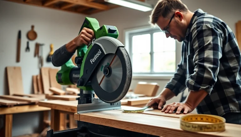 Crafting precision cuts with a festool miter saw in a workshop setting.