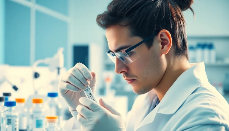 Researcher at https://hydroresearchpeptides.com/ analyzing peptide samples in a clean, bright lab setting.
