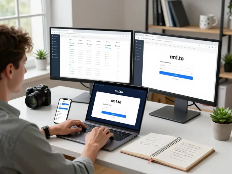 Modern workspace featuring a user logging into rm1.to on laptop with analytics displayed, emphasizing tech professionalism.