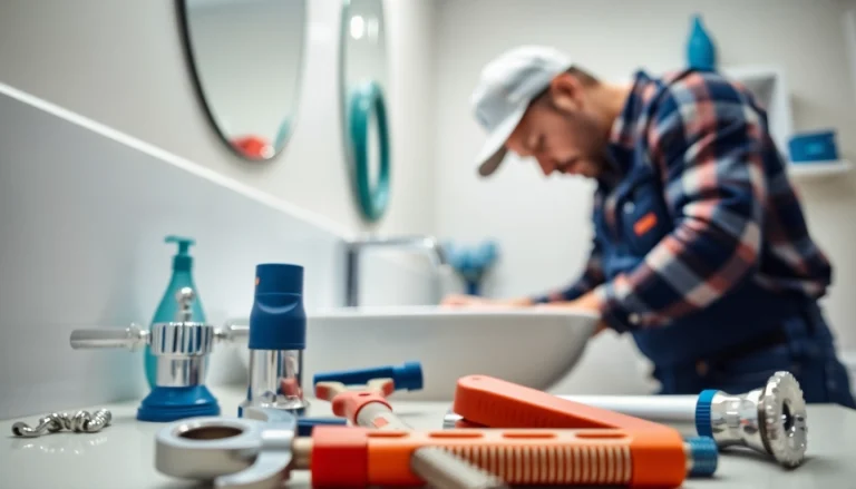 Plumber near me repairing a sink in a bright, modern bathroom setting.