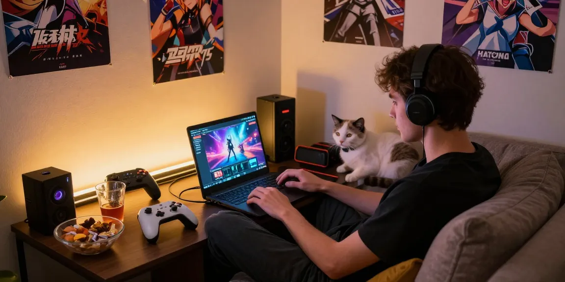 Engaging gaming scene featuring hentaigames on a laptop in a cozy setting.