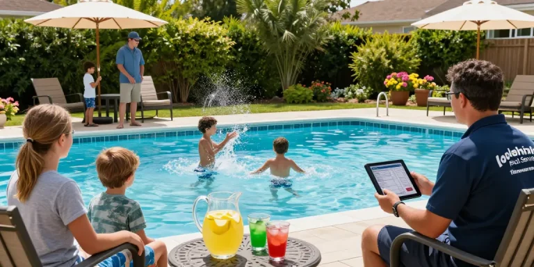 Dolphin Pool Services family enjoying a sunny afternoon by their pool with maintenance operator inspecting equipment