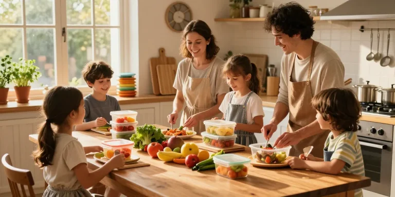 Colorful food storage containers with lids on a wooden table as a family prepares meals in a cozy kitchen.