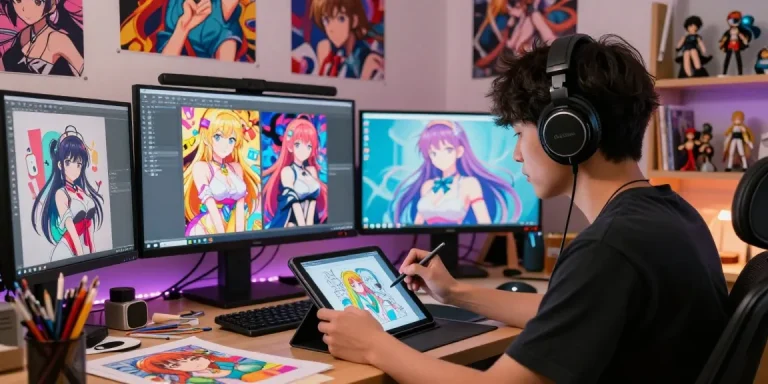 AI ecchi artist creating vibrant digital characters in a cozy studio