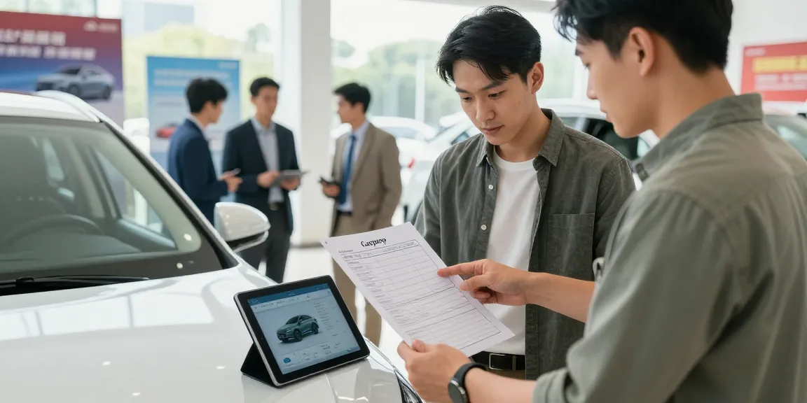 Confident buyer examining HPI check alternative car report in dealership