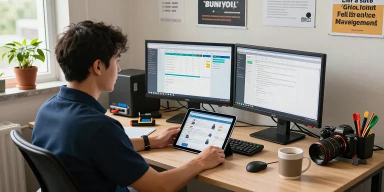 Technician using software that sends jobs to technicians in a bright office setting.