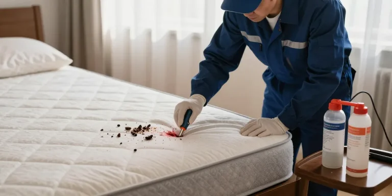 Bed bug exterminator inspecting a mattress for bed bugs in a bedroom.