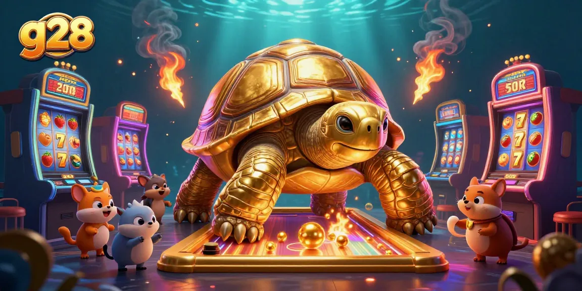 Engage with exciting g28 gaming, featuring a golden tortoise and dynamic slot machines.