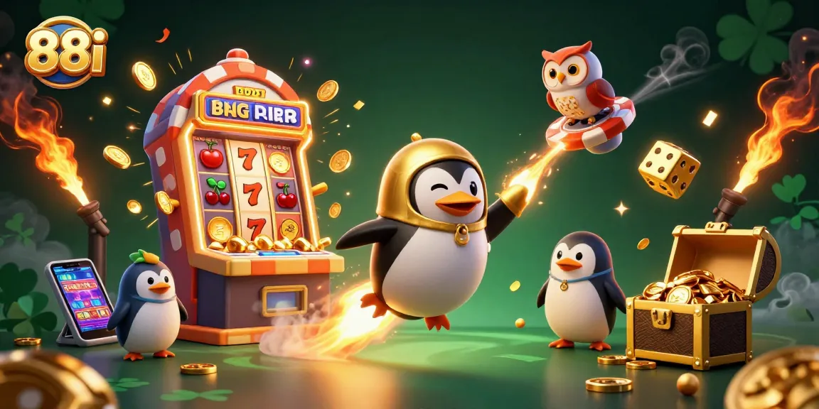 Experience thrilling jackpots at 88i with a vibrant scene showcasing casino adventures and a golden penguin soaring through space.