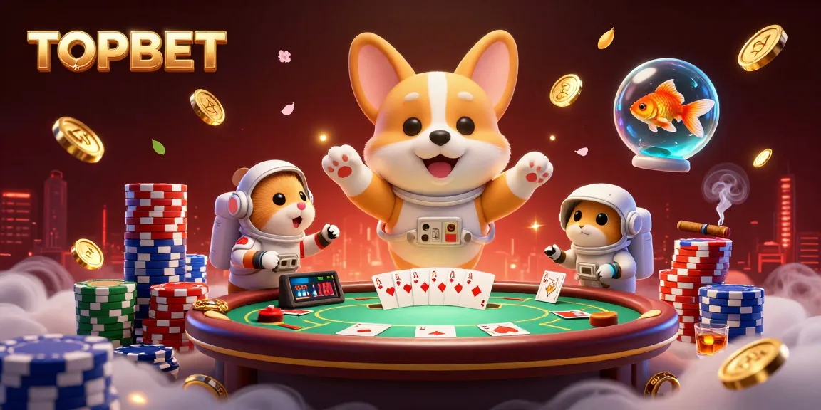 TOPBET showcases a whimsical space casino adventure with a corgi, hamster, and goldfish among poker elements.