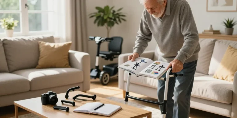 Buy nobility aids—elderly man exploring mobility solutions in a cozy home.