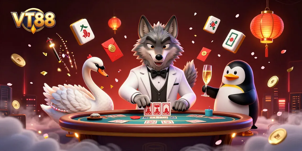 Experience dynamic gambling action with VT88 at a baccarat table, featuring vibrant characters and festive elements.
