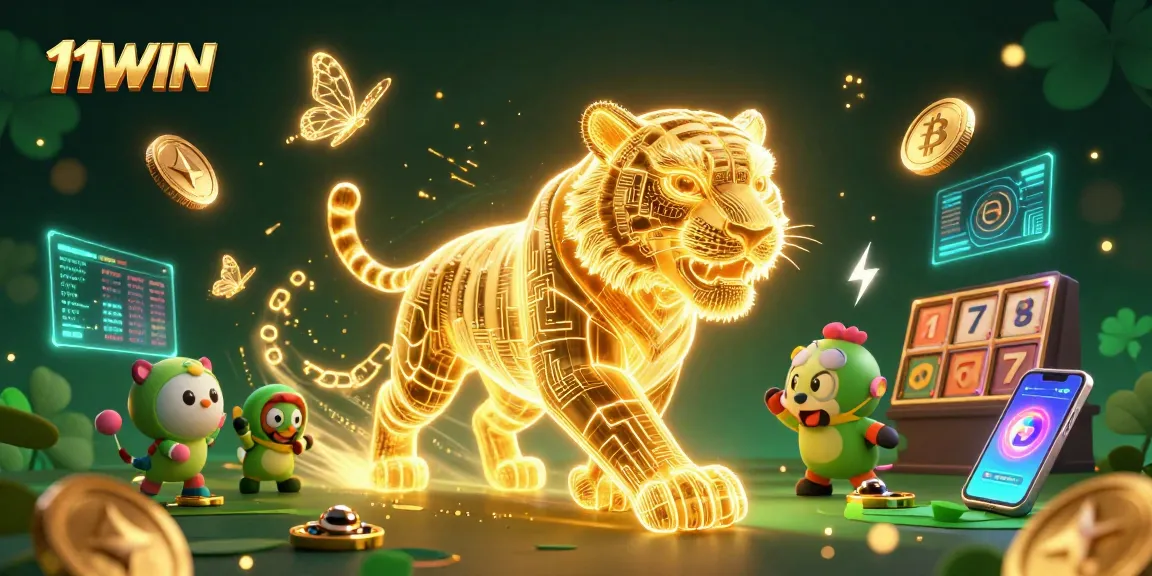 Engage with 11WIN through vibrant casino visuals featuring slot reels and crypto elements.