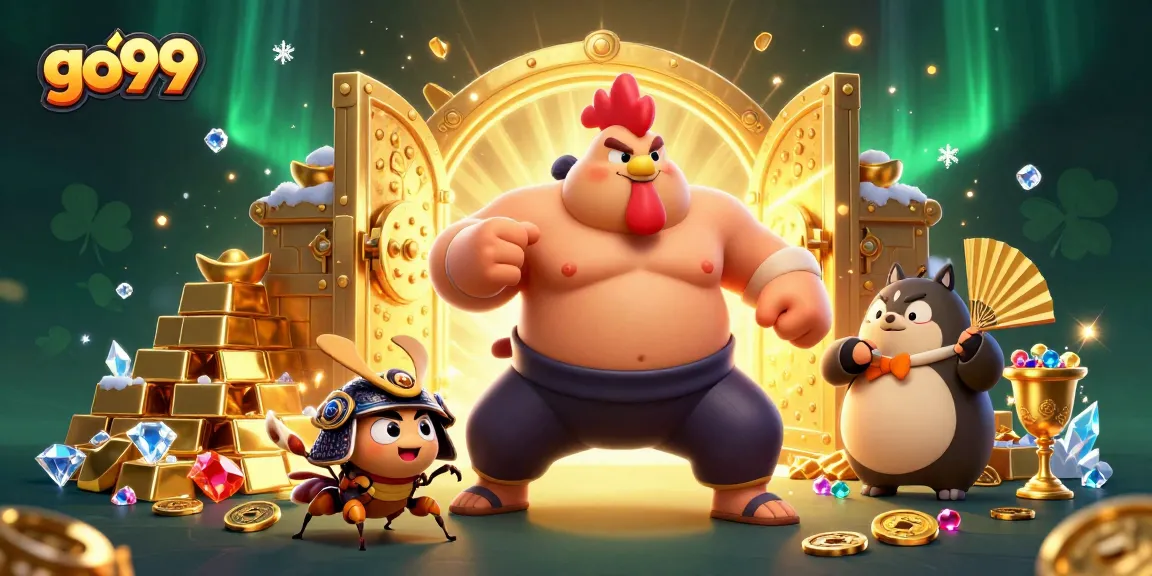 Engage with go99's vibrant casino scene featuring a sumo wrestler and samurai cricket.