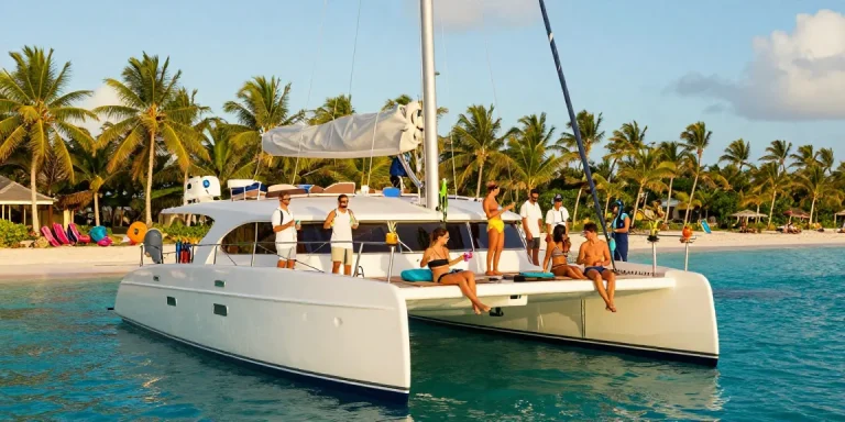 Luxury yacht charter in Punta Cana with joyful couple celebrating in stunning turquoise waters, ideal for tropical adventures.