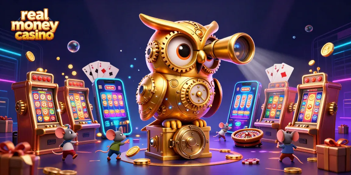 Engage at a real money casino with a vibrant 3D scene showcasing a golden owl, lively gaming elements, and rich details.
