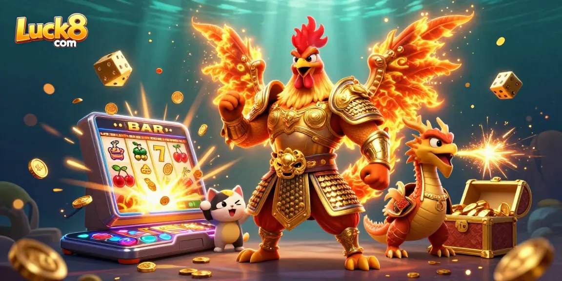 Engage with Luck8 com's vibrant casino adventure featuring a samurai rooster, dragon, and fortune cat amidst a jackpot explosion.