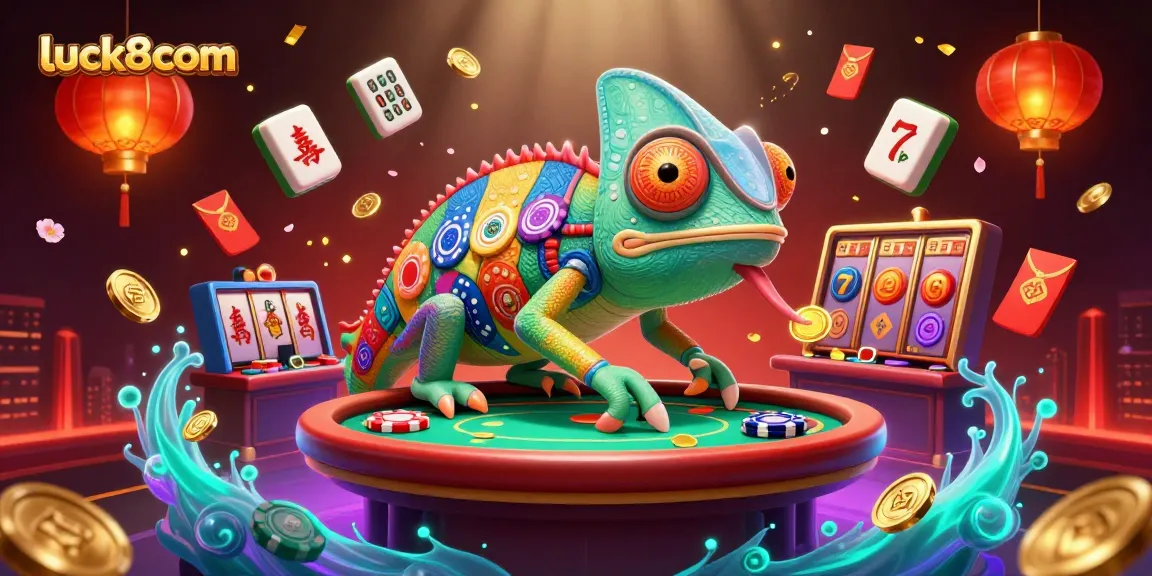 Experience the thrill at luck8com with a vibrant 3D illustration featuring dynamic casino elements and lucky symbols.