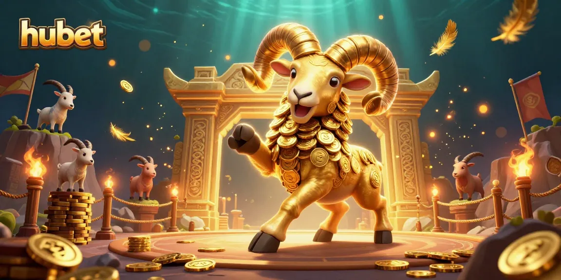 Experience thrilling gaming at hubet with a grand golden ram charging through a vibrant casino-themed arena.