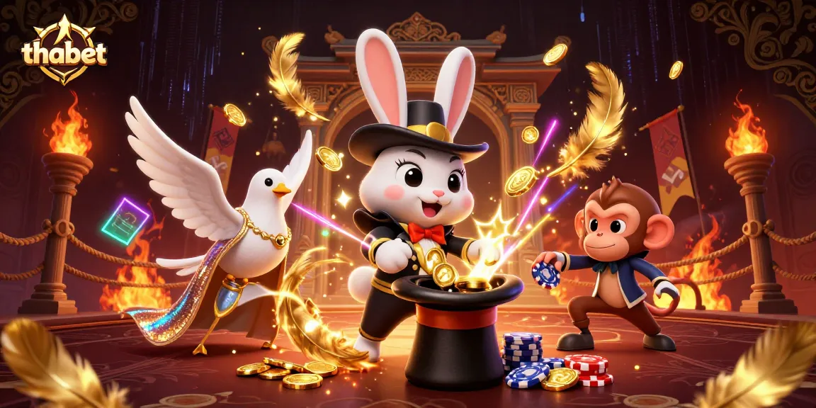 thabet's vibrant casino scene featuring a magician rabbit, dove, and monkey surrounded by gold coins.