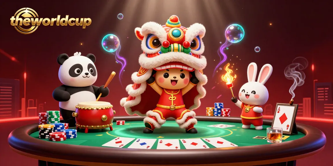 Engage with theworldcup themed gambling scene featuring vibrant lion dance characters and poker elements.