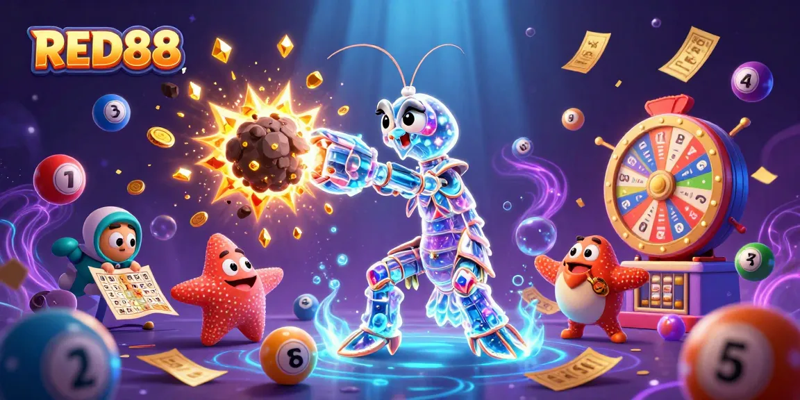 Experience the excitement of RED88 as a cosmic mantis shrimp treasures golden gems and vibrant bingo elements.