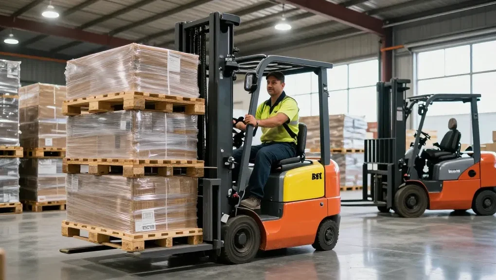 Operator using the best electric stacker in Texas to lift pallets efficiently in a modern warehouse environment.